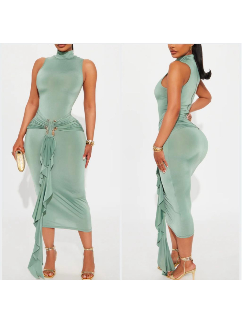 New Sage Green In The Moment Sleeveless Midi Dress Gold Snake Detail, Size L